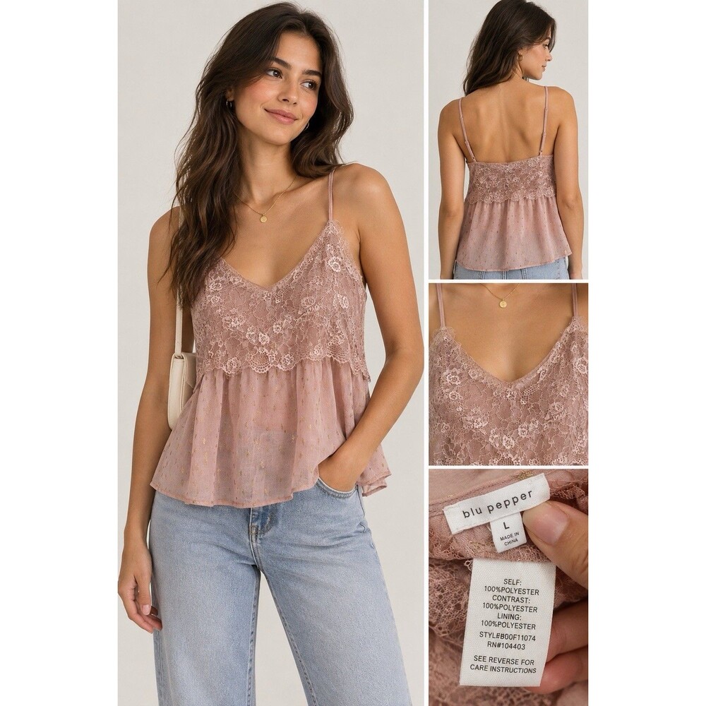 Blu Pepper Lace Babydoll Cami Top Mauve Pink Gold Coquette Fairycore Y2K L